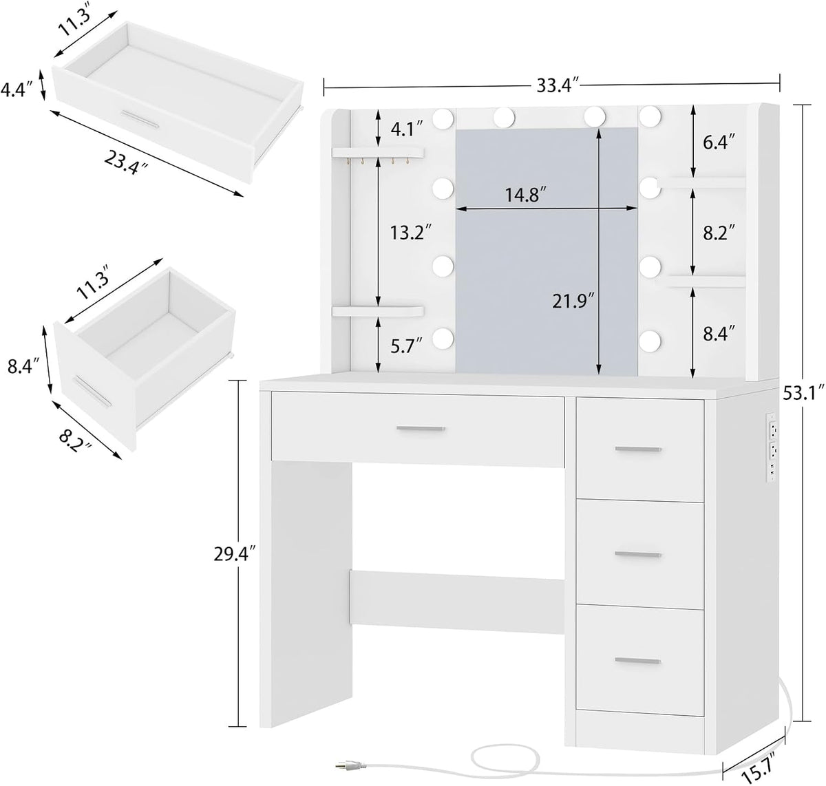 Quimoo Vanity Desk with Mirror and Lights, Makeup Vanity with Power Outlet and 4 Drawers & 6 Shelves & 5 Hooks, 3 Color Modes & Adjustable Brightness, White Vanity for Bedroom