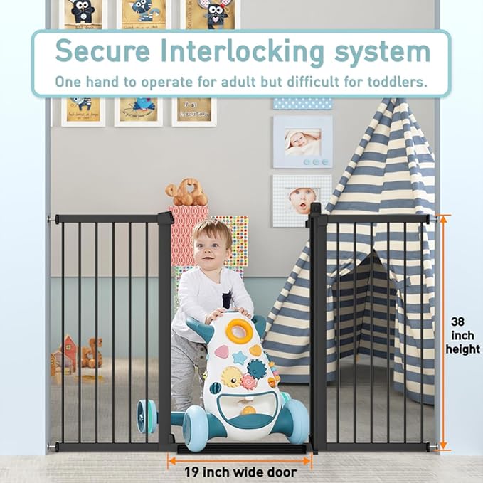 Fairy Baby 38" Extra Tall Pet Cat Gate, 54.4"-59.8" Extra Wide Long Dog Pet Gate Indoor, Safety Child Toddler Gate for Kids, Metal Auto Close Puppy Gate for House Stairs Doorway Walk Through, Black