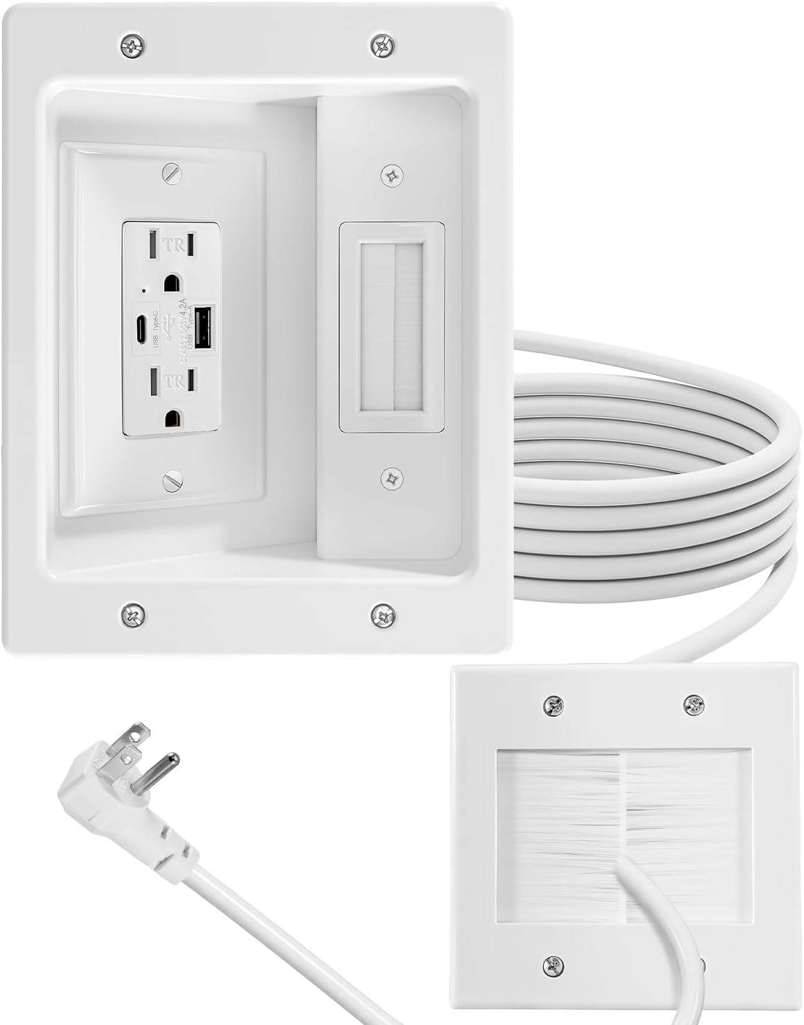 in-Wall Cable Management Kit (2AC + USB-A + USB C), 9.84ft Cord