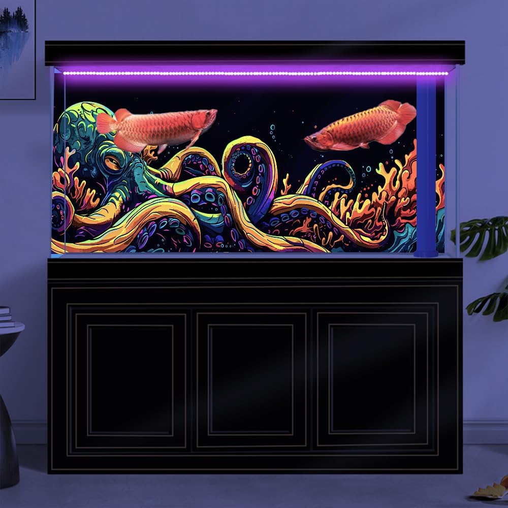 24X12IN Blacklight Octopus Sea Monster HD 3D Black Light Aquarium Background UV Reactive Background Terrarium Background with 10 EVA Double-Sided Tape