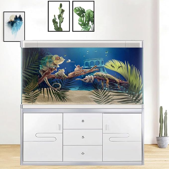 36X18IN Natural Underwater Aquarium Background, Pictures 3D Fish Reef Fish Tank Decoration Background, with 8 EVA Double-Sided Tape