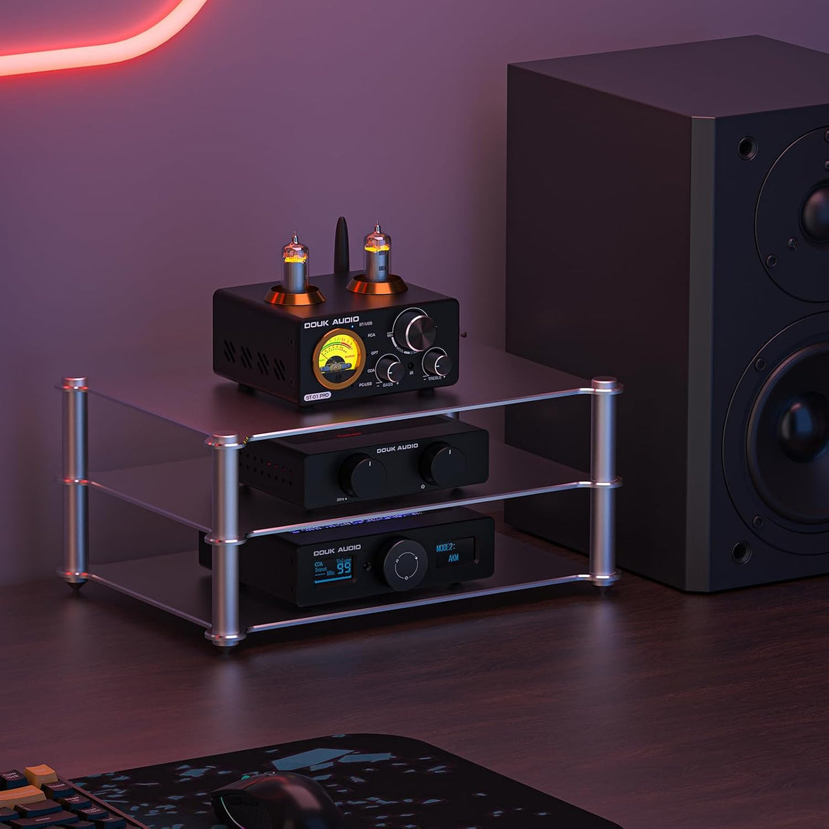 DoukAudio Aluminum Audio Rack Stand: Multi Layer Desktop HiFi Shelf for Amplifier Preamp DAC Ventilated Modular Storage Rack CNC Build Home Studio Setup