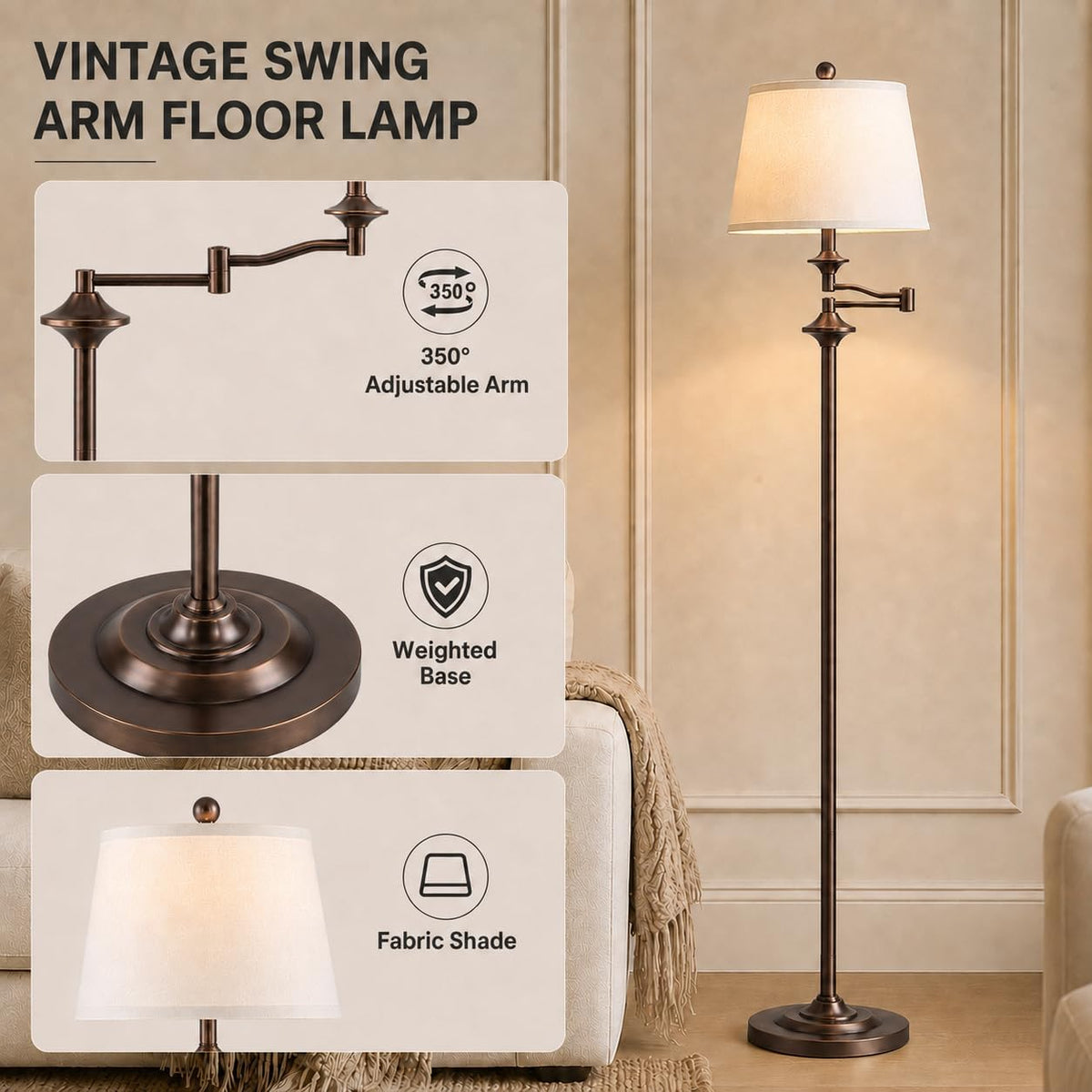 Wio-Mio Vintage Floor Lamp, 350° Adjustable Swing Arm for Living Room