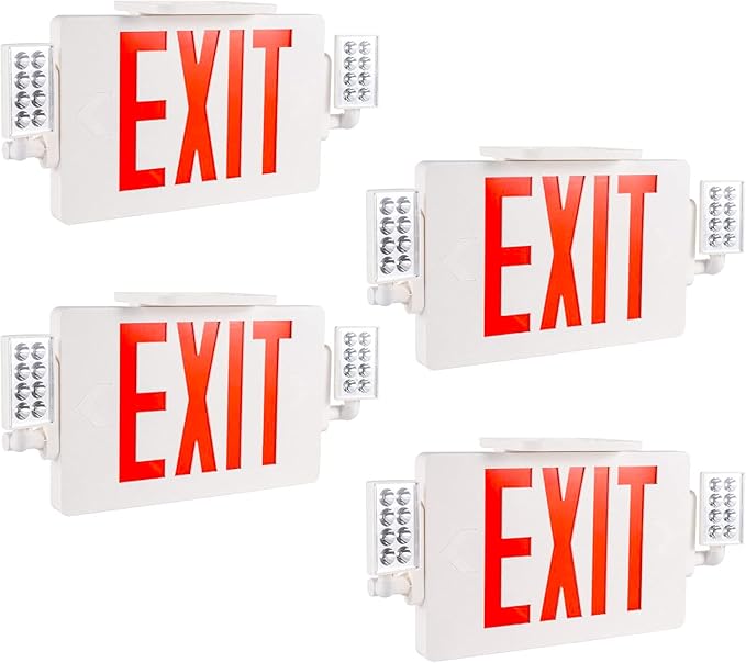 Gruenlich LED Combo Exit Sign, Emergency Light with 2 Adjustable Heads and Double Face, Back Up Batteries- US Standard Red Letter EXIT, UL 924 Qualified, 120-277 Voltage, 4-Pack