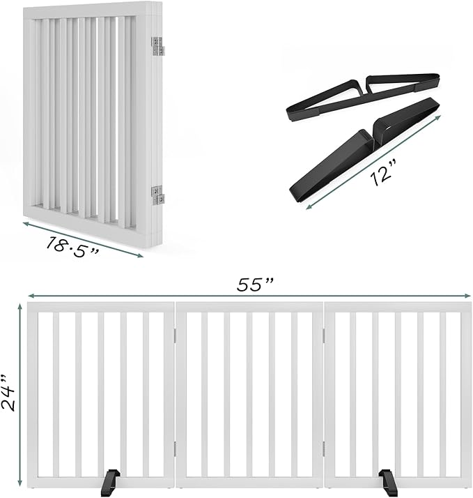 Dog Gates for The House Freestanding Foldable Pet Gates for Doorways 3 Panels 24'' Tall with 2PCS Support Feet Wooden White Dog Gate for Stairs
