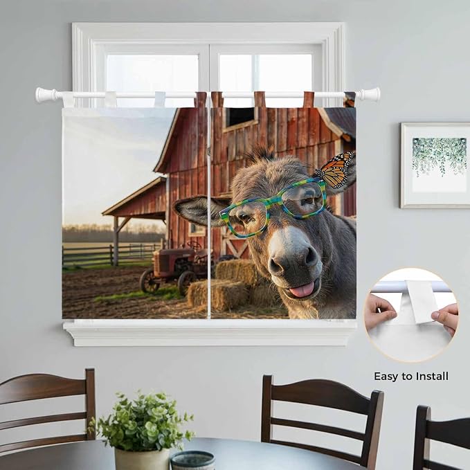 Farm Donkeys Kitchen Curtains 45 Inch Length, Short Cafe Window Curtains Tab Top