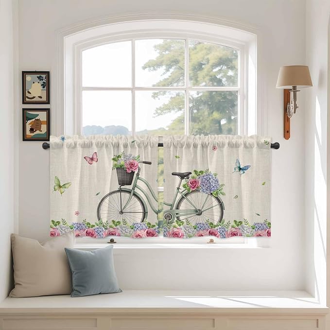 Farmhouse Spring Tier Curtains, Retro Bicycles Flowers Vines Butterfly Light