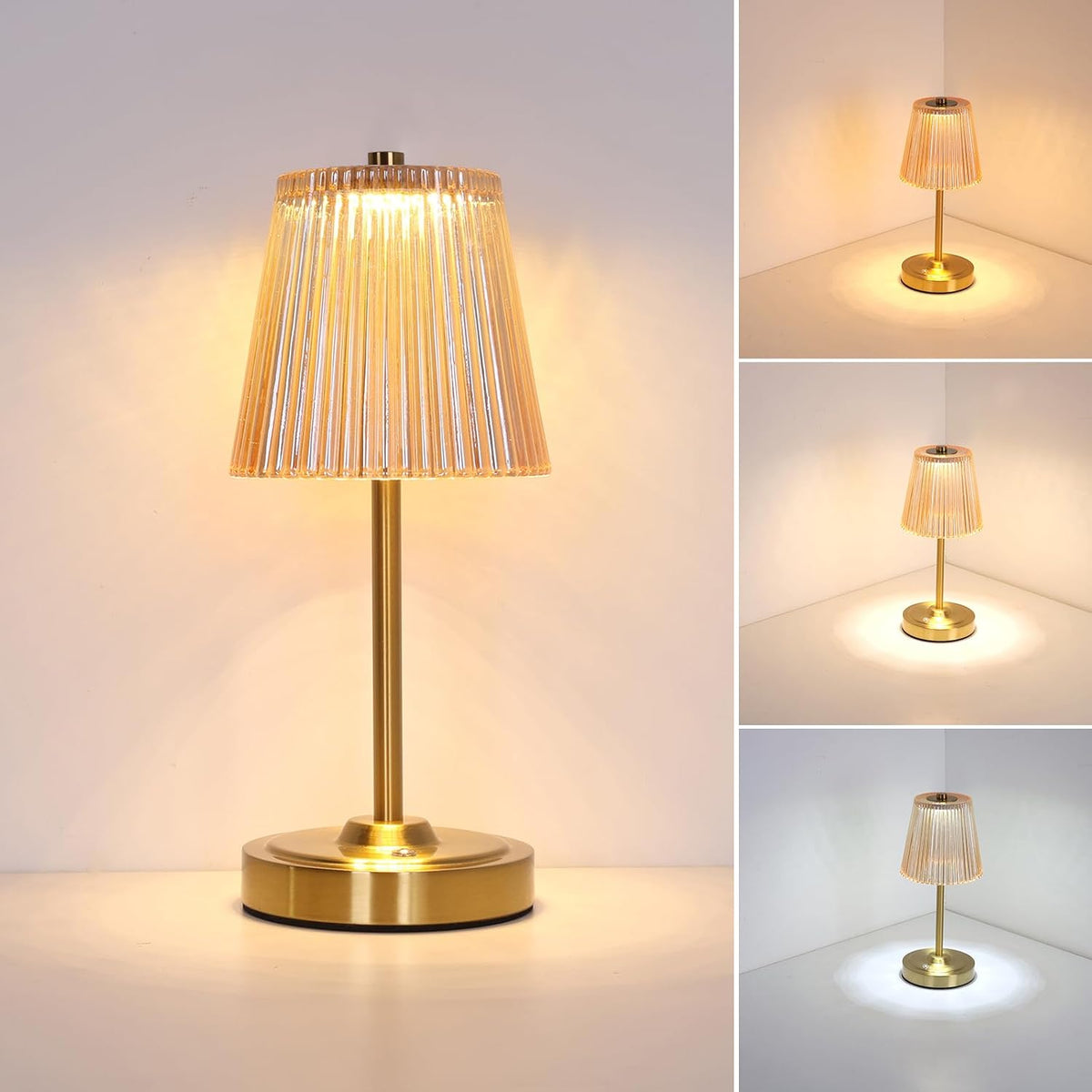 Shenmoyl Cordless Touch Table Lamp with 5200mAh Battery - 3 Adjustable Color Temperatures & Dimmable, Rechargeable Desk Lamp for Bedroom, Living Room, Office, Entryway, Bookshelves (Amber Stripe)
