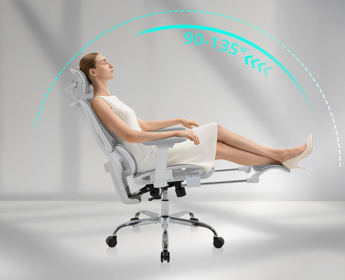 LuxErgo Big & Tall Ergonomic Mesh Office Chair 350lbs, High Back Reclining Gaming Desk Chair with 3D Headrest, Adjustable Armrests, Lumbar Support & Retractable Footrest, Gray