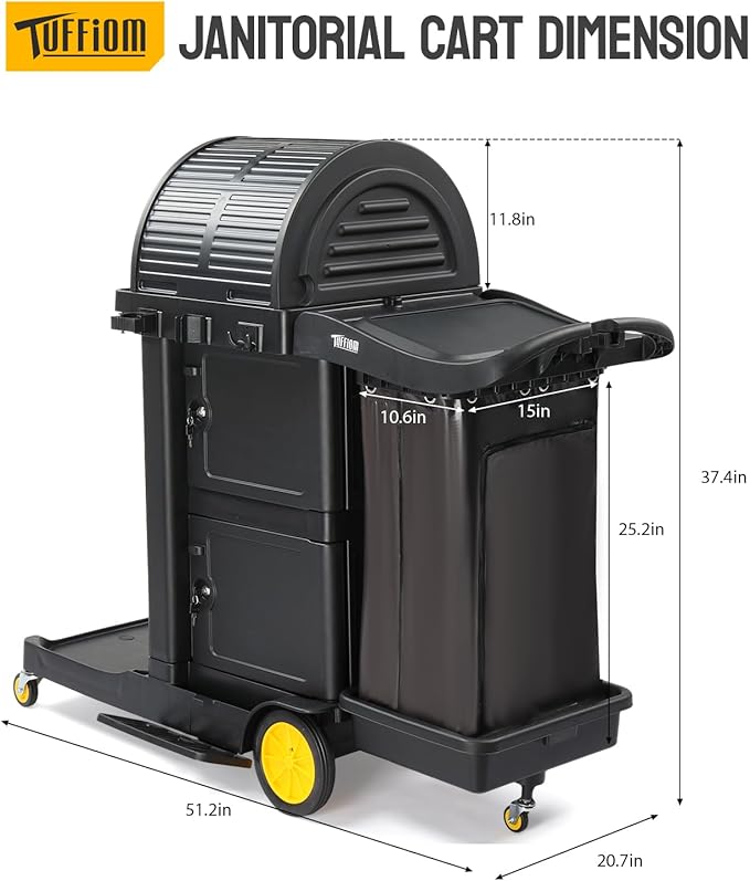 TUFFIOM Janitorial Cart with Key-Locking Cabinet, 3-Shelf Commercial Cleaning Cart with Wheels, Housekeeping Caddy with Locker, Black, Great for Hotel, Stores, Schools, and Business