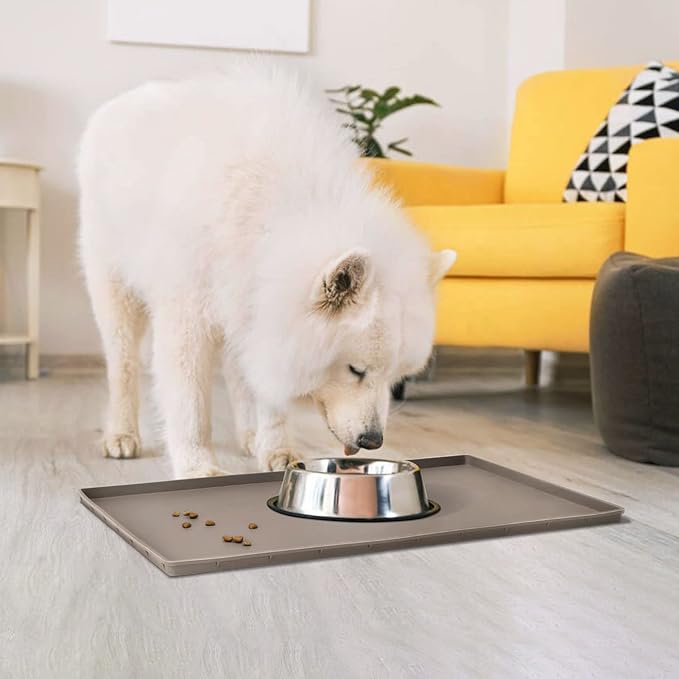 Dog Food Mat,Silicone Waterproof Food Tray,Non Slip Pet Bowl Mats Placemat,0.6" Raised Edge,Suitable for Most Small and Medium Sized Pets,24" x 16"