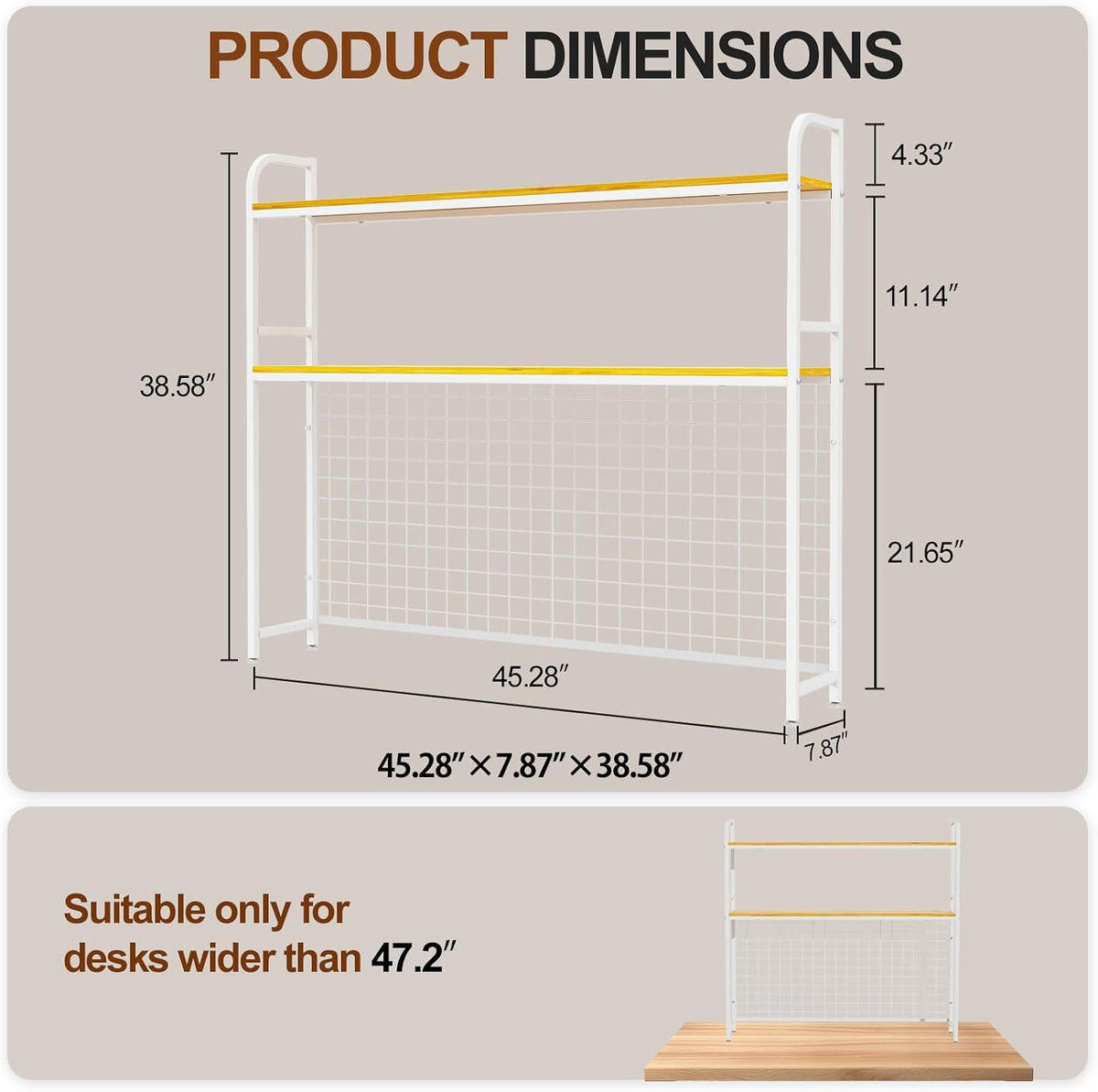 2-Tier Desk Shelf with Grid Panel, Freestanding, White, 45.3" W
