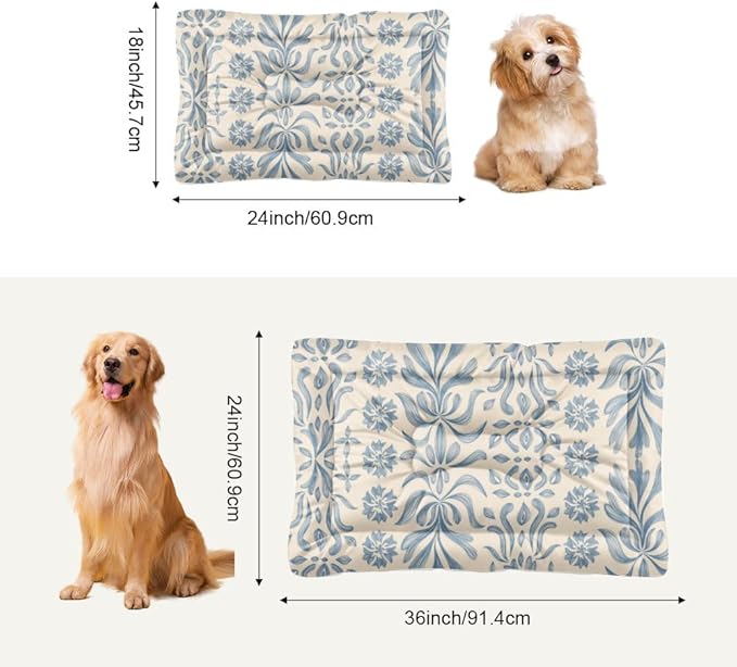 Vintage Blue Floral Small Dog Bed for Crate Crate Mat for Dogs Kennel Pads Crates Washable Dog Bedding Washable Non-Slip Bed Small Puppy Outdoor Mat Dogs Products Indoor Outdoor 24X18 Inch