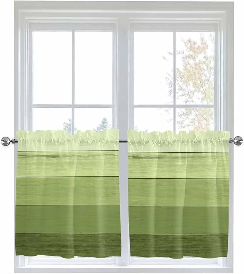 Gradient Green Wooden Board Window Valance Curtains, Retro Country Wood Grain