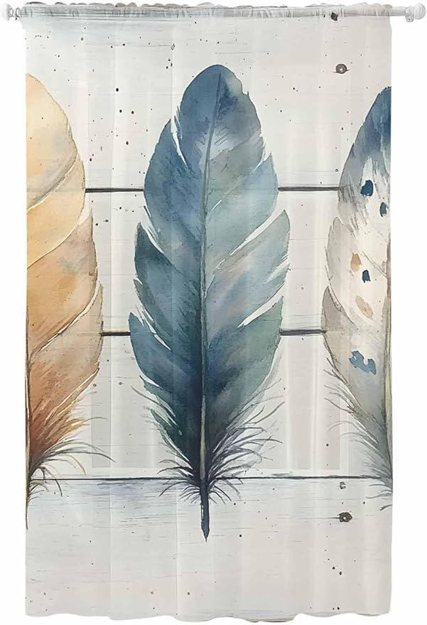 Sheer Curtains 96 Inches Long, Boho Blue Feathers Semi Sheer Curtains Light