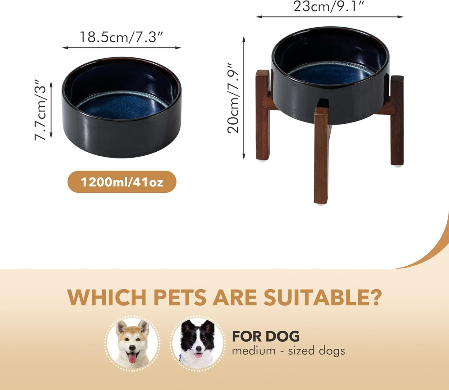 Ceramic 7.3inch Raised Dog Bowl Set, Elevated with Acacia Wood Stand, Food and Water Bowl for Medium Breed Dogs, Weighted Pet Dishes(41oz, Starry Sky)