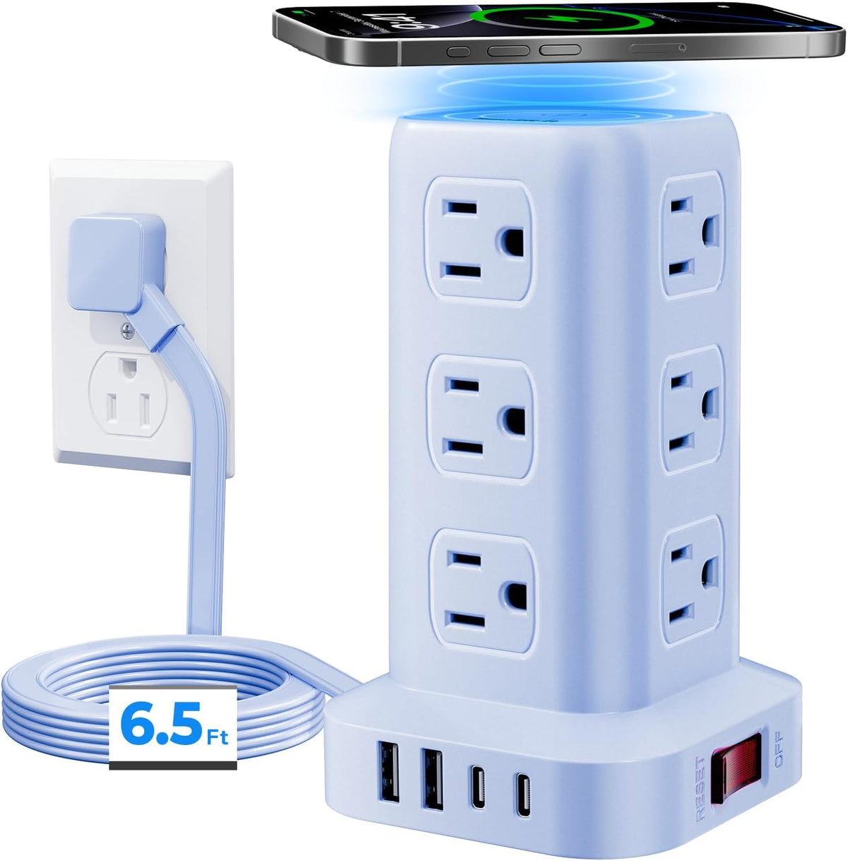 Blue Power Strip with 12 Outlets 4 USB (1 USB C), 6.5Feet Extension Cord with Multiple Outlets, Charging Station, Power Strip Tower, Home Office Desk Supplies