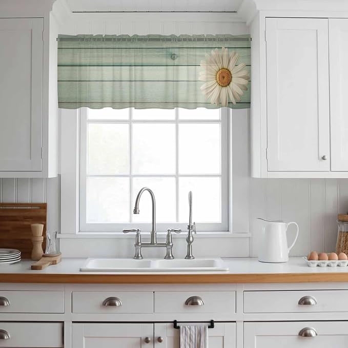 Daisy Flower Sheer Valances for Windows 54"x18", Light Filtering Kitchen