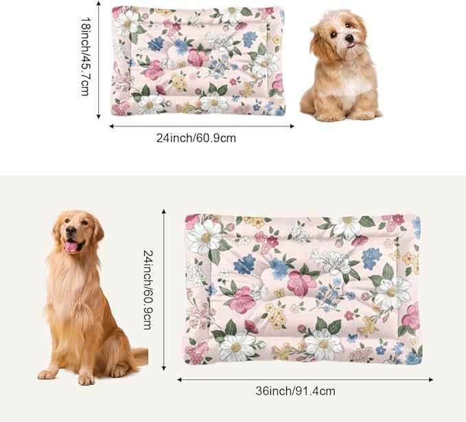 Vintage Cute Pink Floral Dog Bed Furniture Puppy Mat Pads for Dogs Crate Beds Washable Non-Slip Dog Crate Cushion Kennel Bed for Travel Mat Paw Cushion Indoor Outdoor 36X24 Inch
