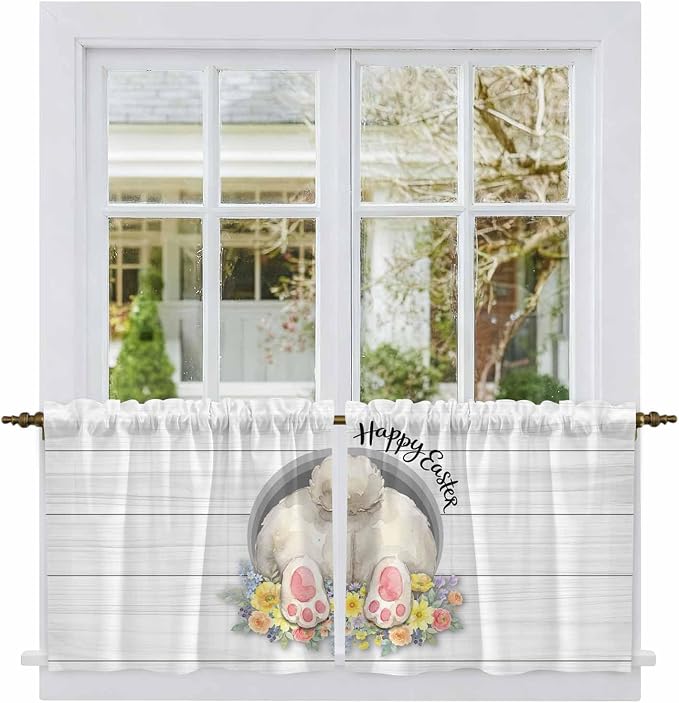 Easter Bunny Kitchen Tier Curtains 36 Inch Long 2 Panel Set, Rod Pocket Half