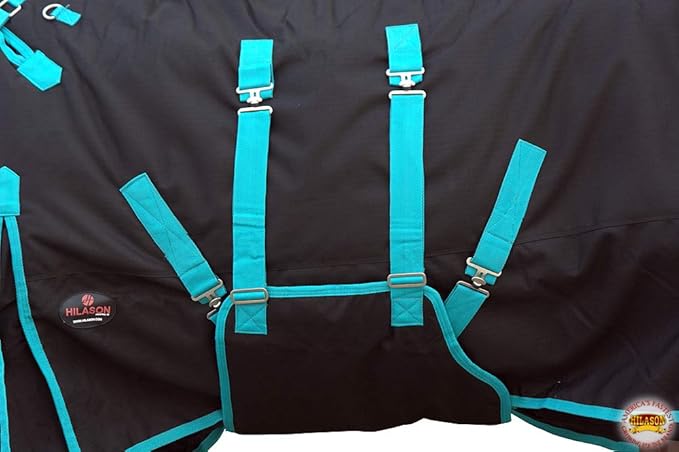 HILASON Black with Turquoise Trims 76 inch 1200D Winter Waterproof Poly Horse Turnout Blanket Belly Wrap