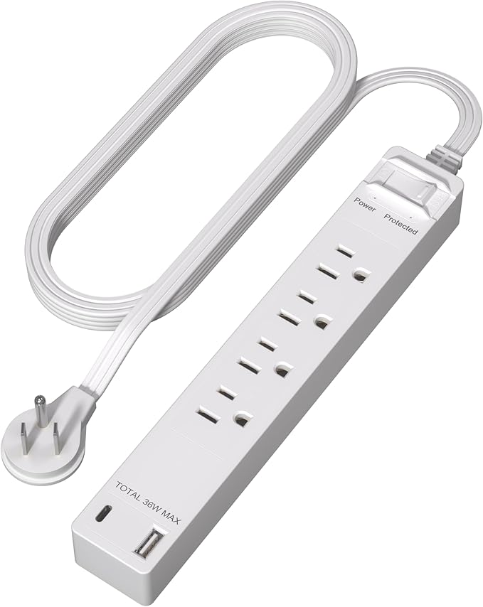LIDER PD 36W Surge Protected Outlet Extender with 4-Outlet Power Strip, 1 USB Type-A, and 1 Type-C Port, 5ft, Up to 1500J, LED Indicator, ON/Off Switch, Flat-Plug, 45-Degree Angle, UL-Listed, White