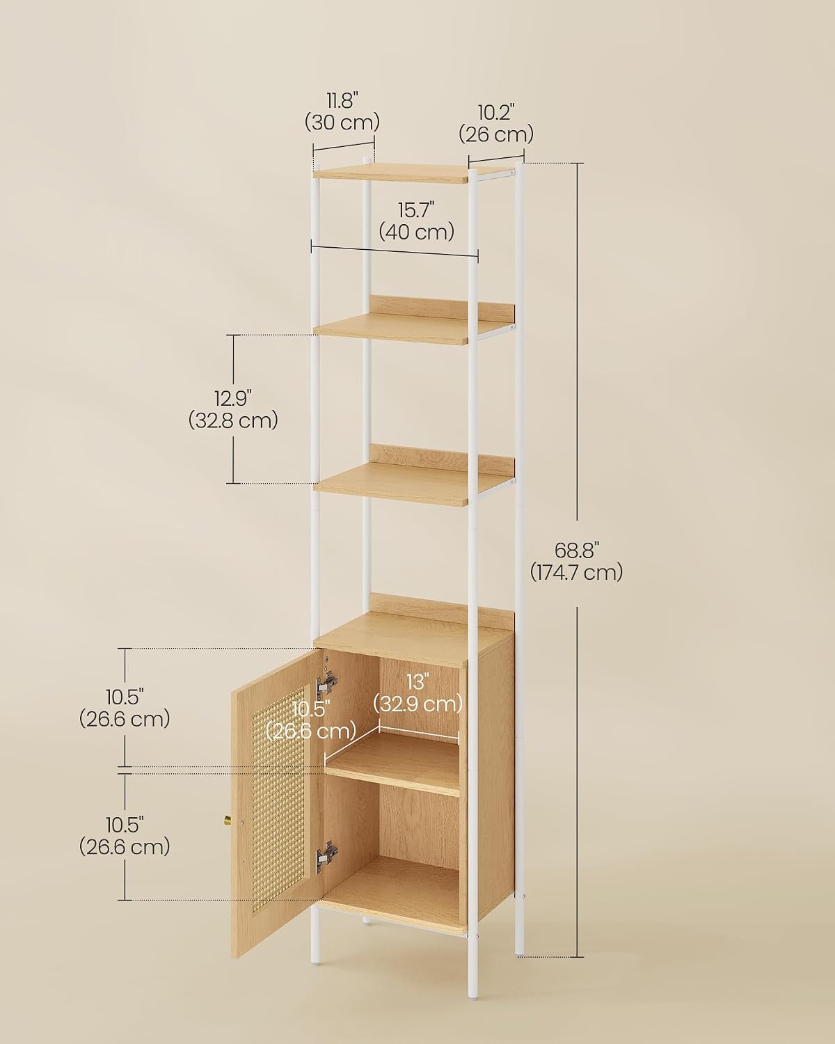 VASAGLE 6-Tier Bookcase with Rattan-Like Door, 15.8-Inch Wide, Metal Frame
