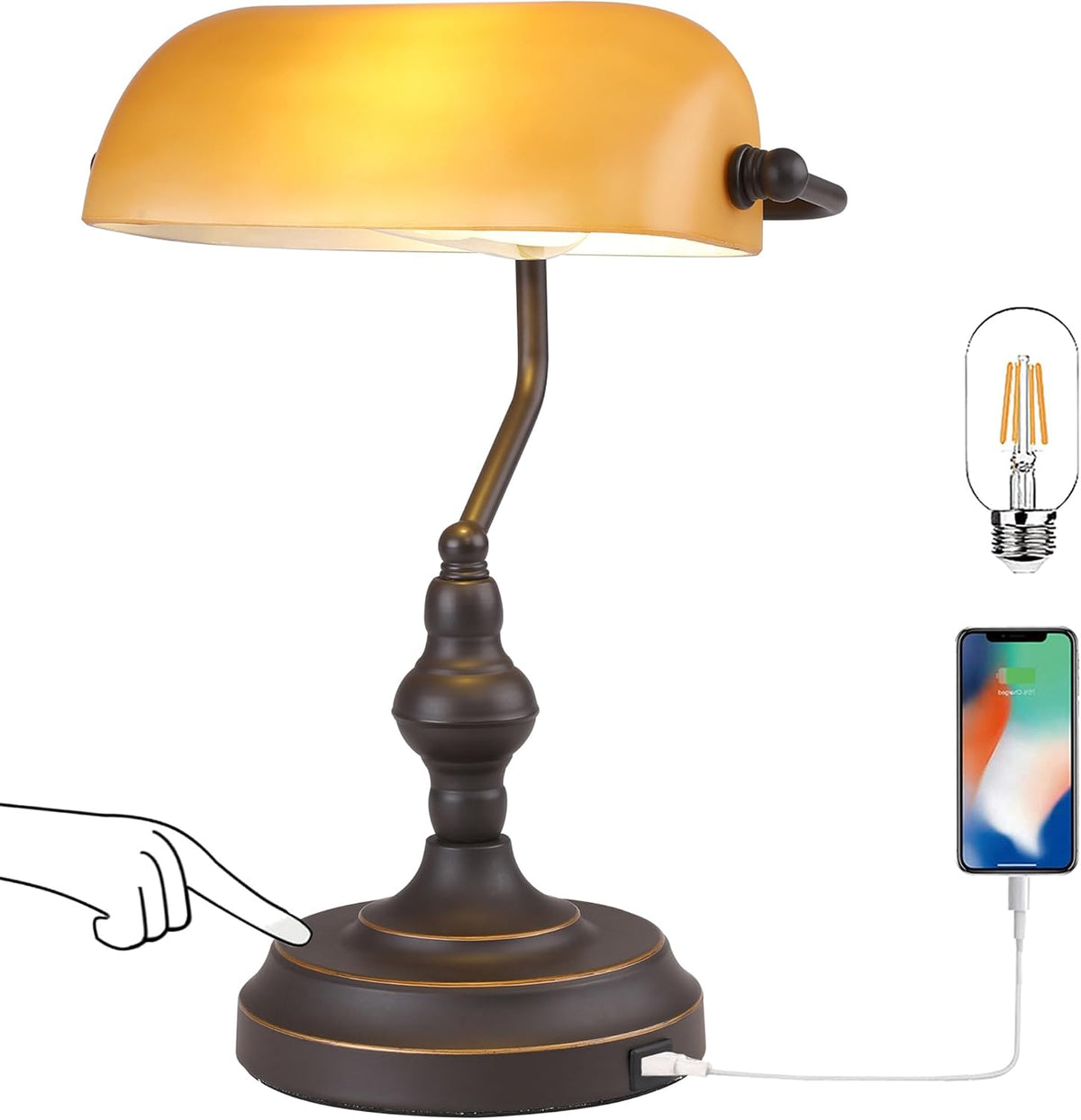 Amber Glass Bankers Desk Lamp, Touch Control