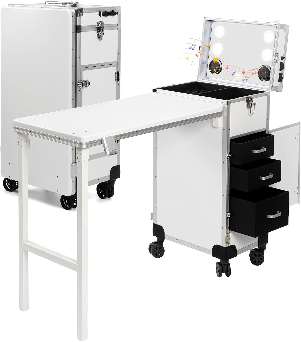 Rolling Portable Manicure Table with 3 Drawers, Makeup Case Foldable Nail Desk with Wheels, Lockable Mesa de Uñas Profesional para Nail Techs, Mobile Nail Makeup Workstation