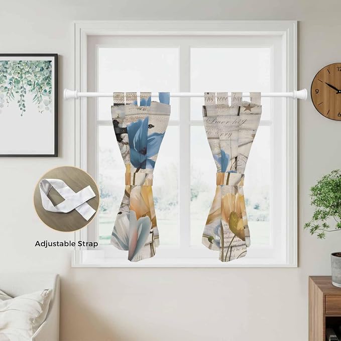 Blue Yellow Tulips Bedroom Curtains 63 Inch Length, Window Curtains Tab Top
