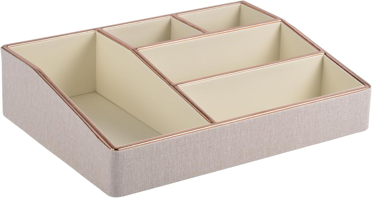PU Leather Makeup Organizer Tray,Large Vanity Organizer,Cosmetic Storage Box for Lipstick Brushes Skincare Perfume,Cosmetic Display Case Rose Gold-trimmed for Dresser,Bathroom Countertop(Beige)