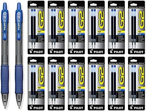 Pilot G2 Retractable Premium Gel Ink Roller Ball Bold, Blue 2 Pens & 24 Refills