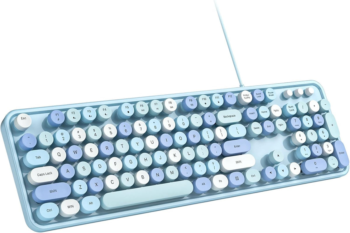 MOWUX Computer Keyboard Wired, Plug and Play USB Retro Round Typewriter Keyboard, Full Size Wired Keyboard with Foldable Stands for Laptop and Office PC- Blue Colorful
