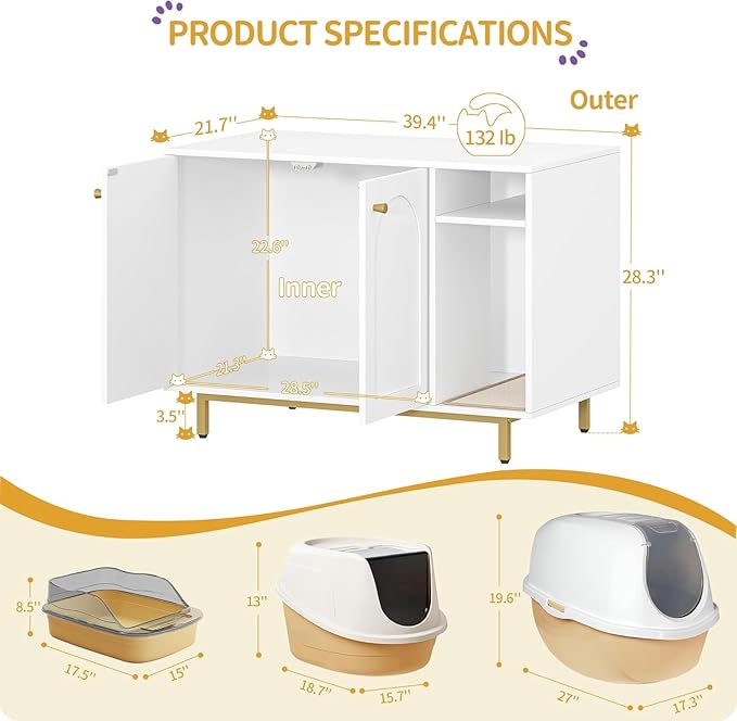 Cat Litter Box Enclosure Enclosed, Hidden Litter Box Cabinet Furniture with Storage, Wooden Indoor Cat House Large, Modern End Table for Living Room Entryway, White and Gold CB84903A