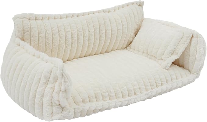 Pet Couch Bed for Dog and Cat, Plush Calming Couch for Pets with Removable Washable Cover, Modern Sofa Style Pet Bed for Home Living Room (White)