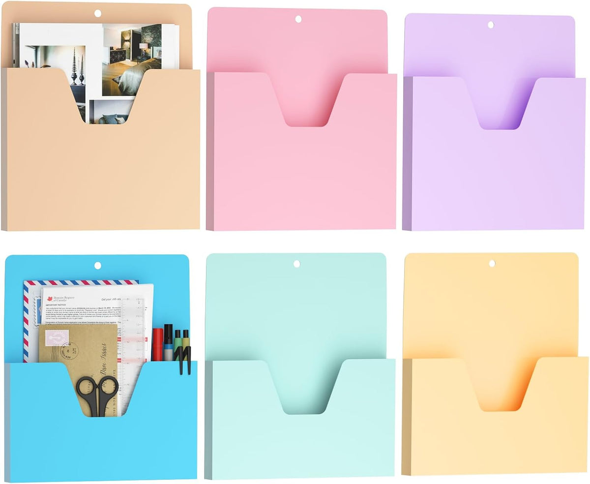 MFTEK Magnetic File Holder 6 Pockets Paper Holder, Hanging File Organizer Office Supplies Storage for Cabinets, Whiteboard, Magnetic Mail Letter Folder for Refrigerator (Pastel Color-Mix)