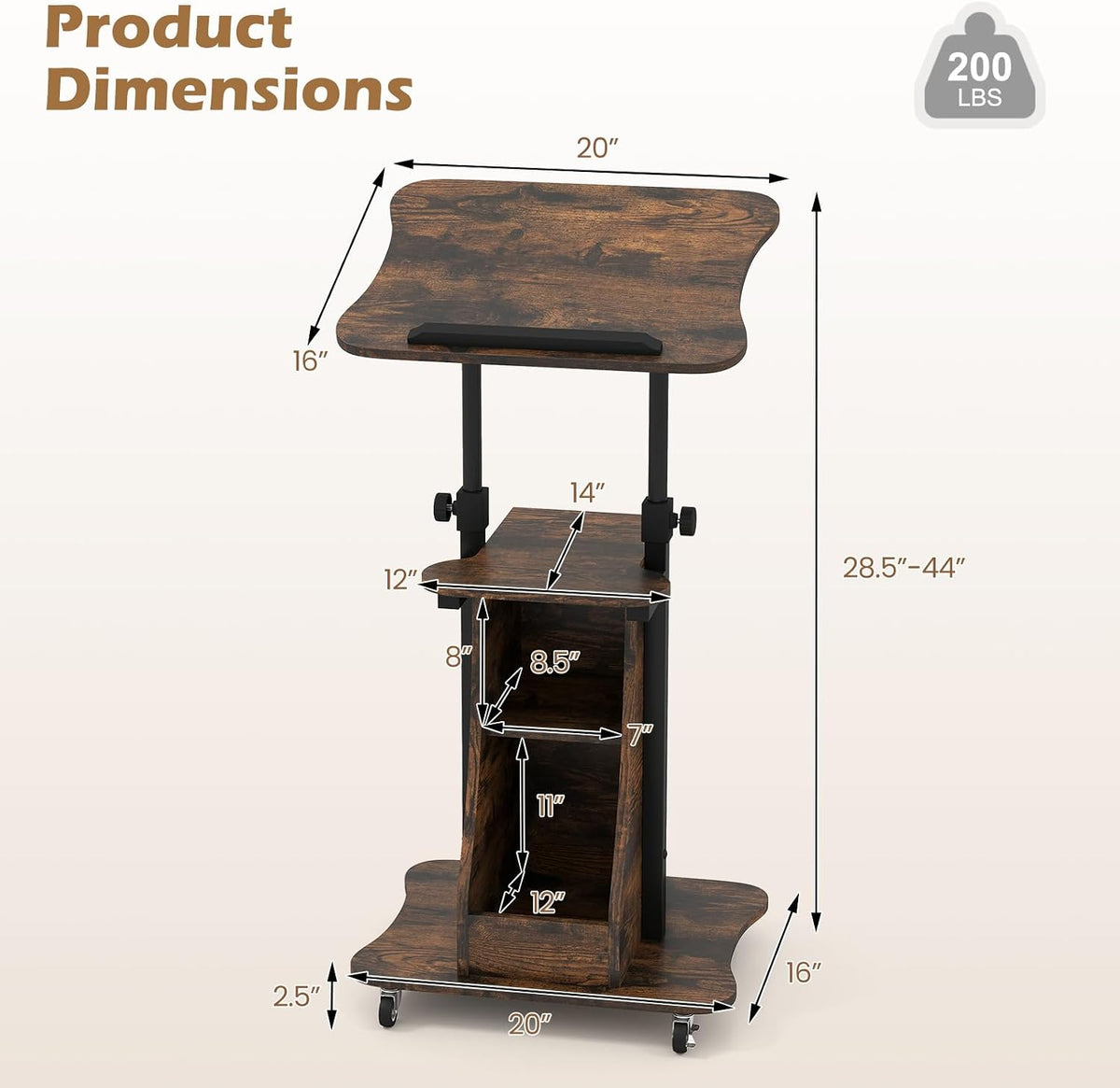 Tangkula Mobile Lectern Podium, Height Adjustable Podium Stand, Sit-to-Stand Desk with Tilting Tabletop & Storage Shelves, Rolling Laptop Cart Desk with Lockable Casters for Home Office School