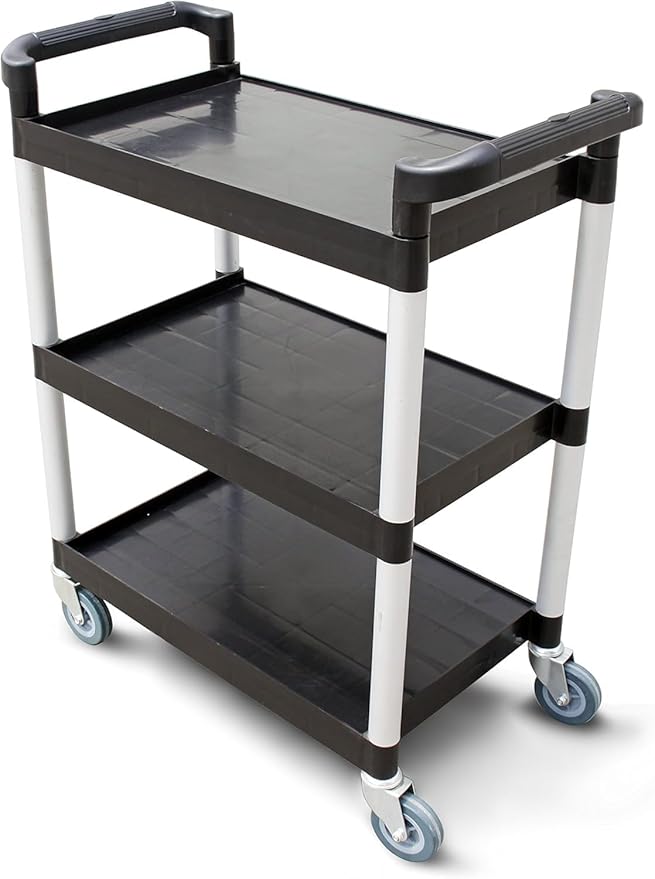 New Star Foodservice 54538 250-Pound Plastic 3-Tier Utility Bus Cart with Locking Casters, 32" x 16" x 38", Black
