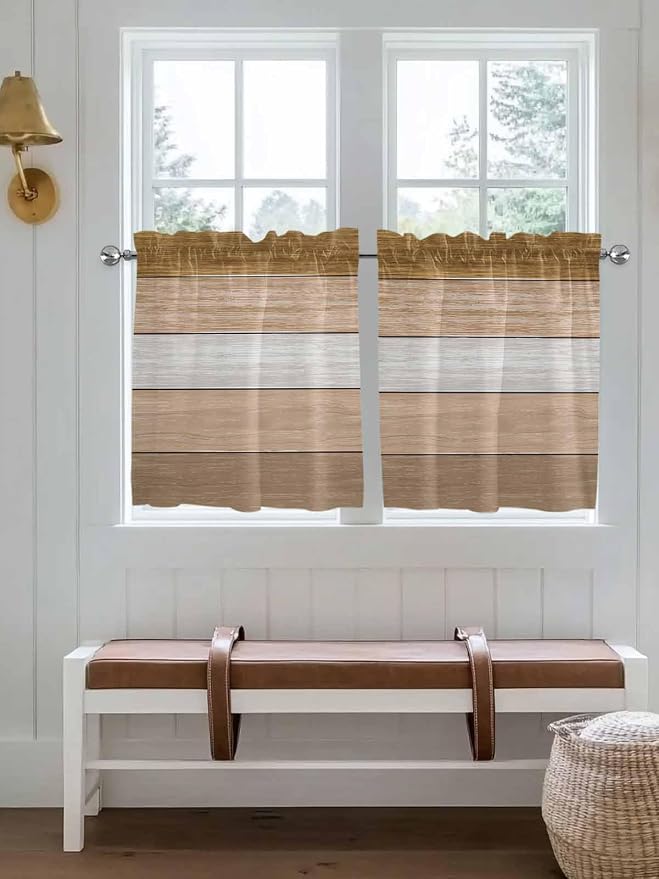 Retro Farm Wood Board Window Valance Curtains, 2 Panel