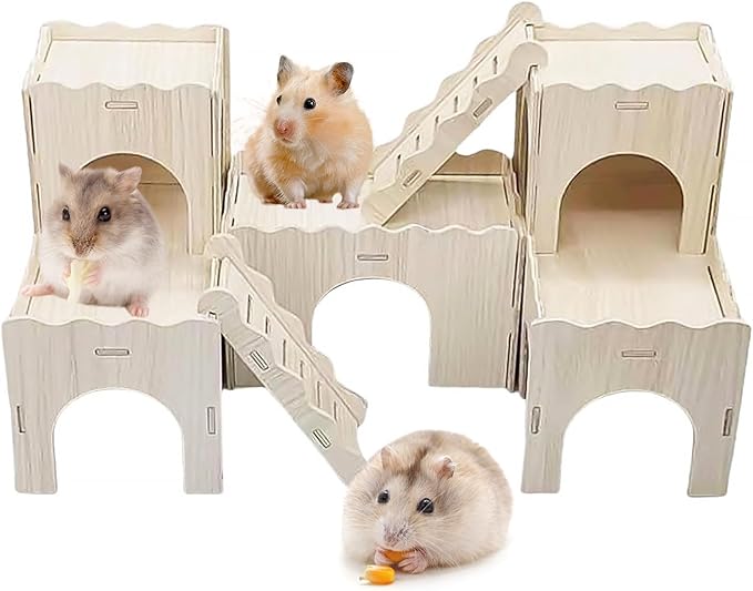 Wooden Dwarf Hamster House, Hamster Tiny House Hideout, Hamster Maze House, Large Balcony Lookout Holes, Easy to Assemble, Detachable Parts, Secure Hideaway, F