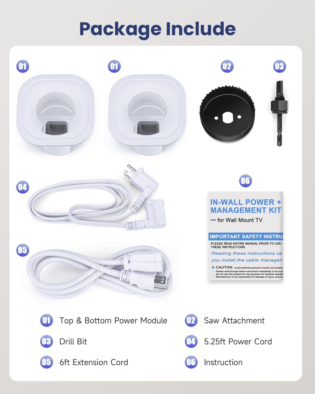 ZEXMTE in-Wall Cable Management Kit, TV Cord Hider for Wall Mounted TV, Includes Power & Low Voltage Cables Management, Wall Cable Concealer Kit with Hole Saw Drill Attachment
