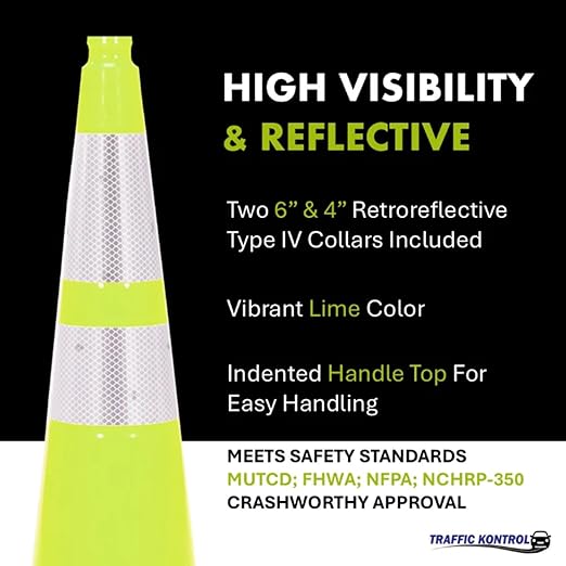 48 Pack 28" Inch Lime Traffic Safety Cones with Dual Reflective Collars - High Visibility Industrial Pylons Traffic Cones for Road, Parking Lots, Driving, Construction