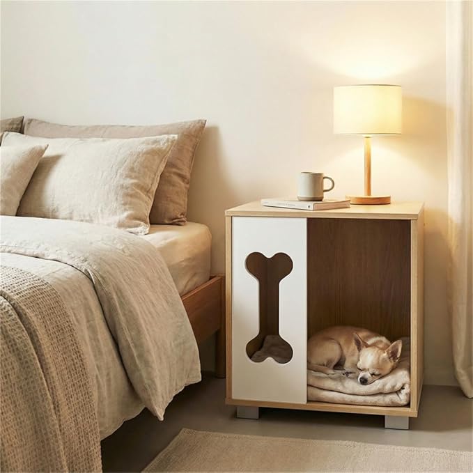 Wooden Dog House Bed & Side Table – Modern Dog Condo with Bone-Shaped Window and Sturdy Metal Legs