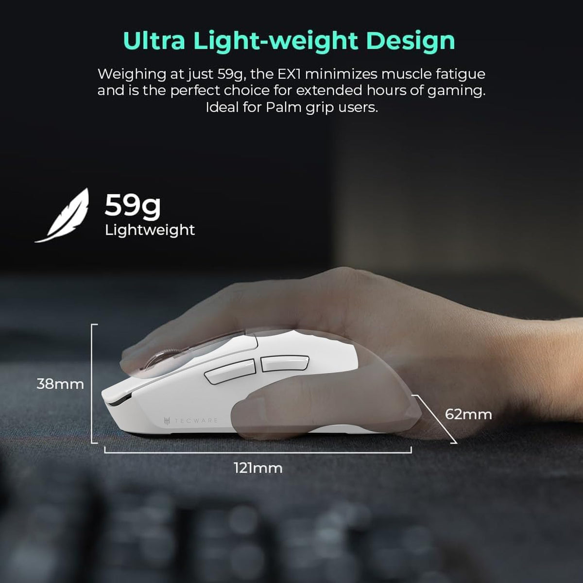TECWARE EX1 Lightweight Gaming Mouse | 26K DPI Wireless Mouse with OLED Display | 59g Ultra-Light Design | RGB Charging Dock | Tri-Mode Connectivity 2.4GHz/Bluetooth/Wired with Grip Tape | White