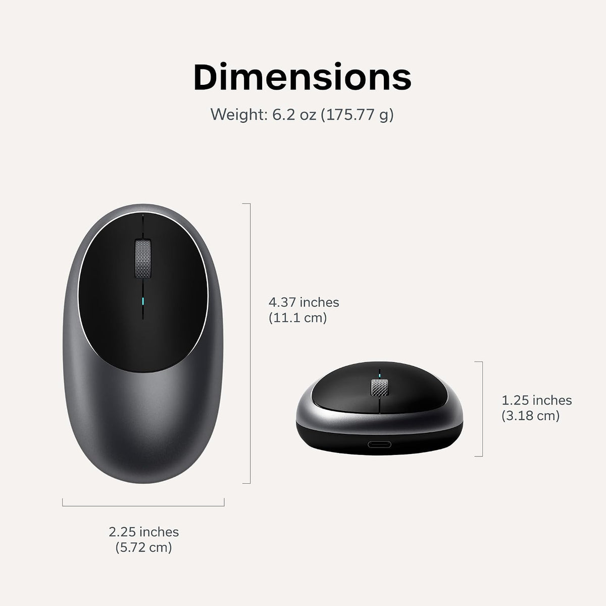 Satechi M1 Wireless Bluetooth Mouse, USB-C Rechargeable, Space Gray