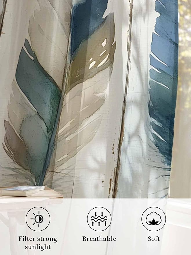 Sheer Curtains 63 Inch Length, Boho Blue Feathers Semi Sheer Curtains Light