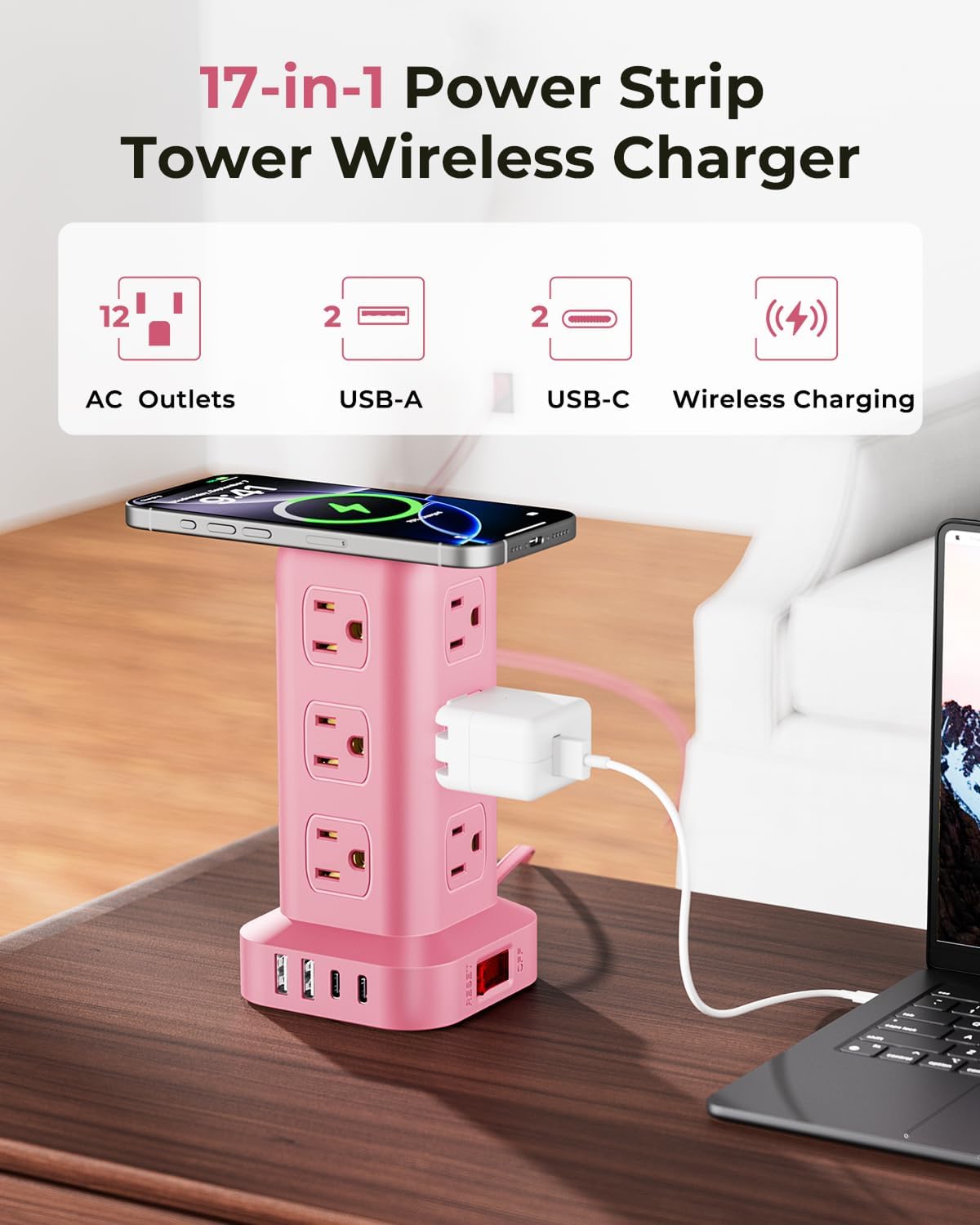 Pink Power Strip with 12 Outlets 4 USB (1 USB C), 6.5Feet Extension Cord with Multiple Outlets, Charging Station, Power Strip Tower, Home Office Desk Supplies