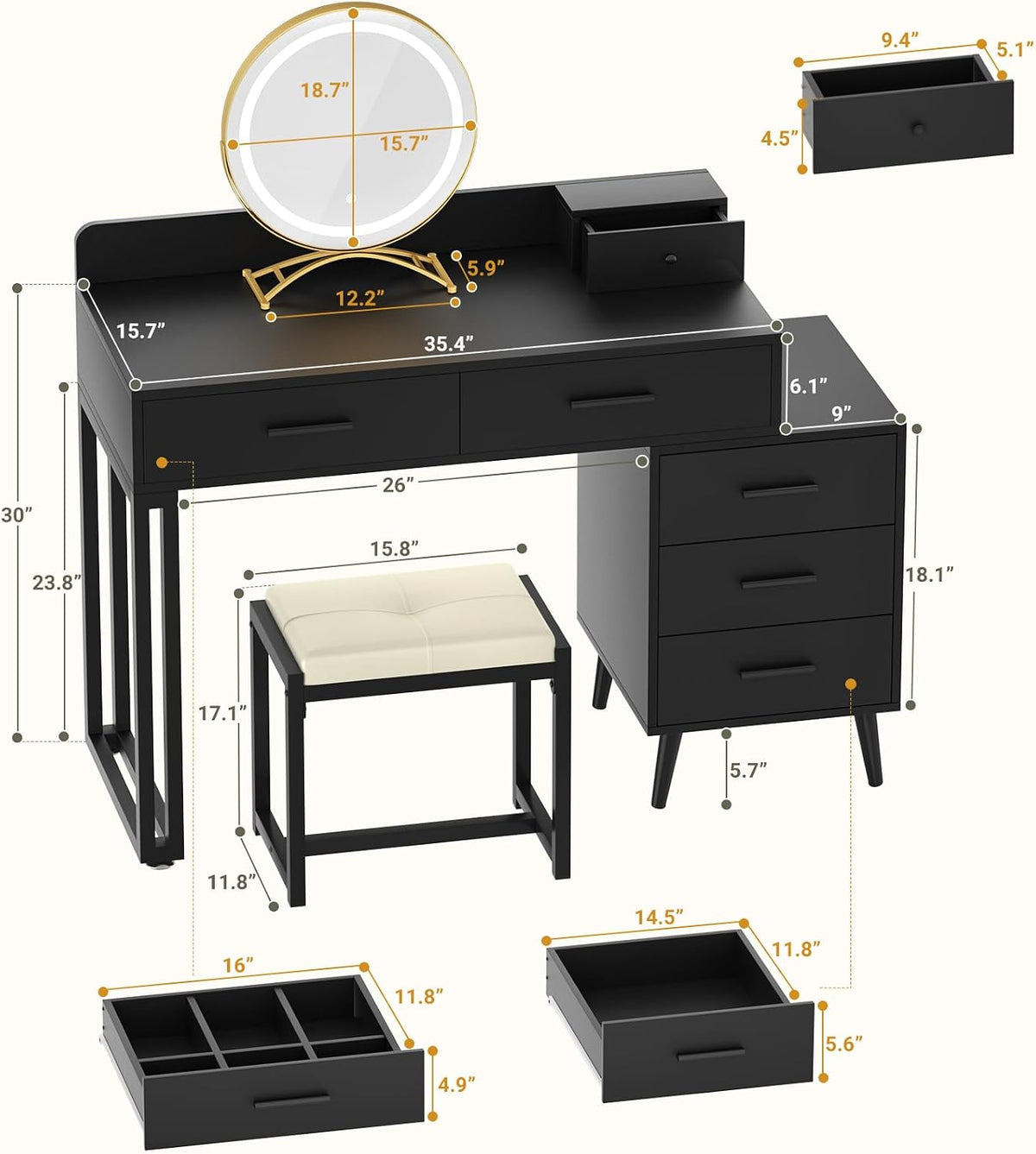 Armocity Black Vanity Desk with Mirror and Lights, Modern Makeup Vanity Table Set with 6 Storage Drawers and Cushioned Stool for Bedroom, Dressing Table with Divided Organizers for Women Girls, Black