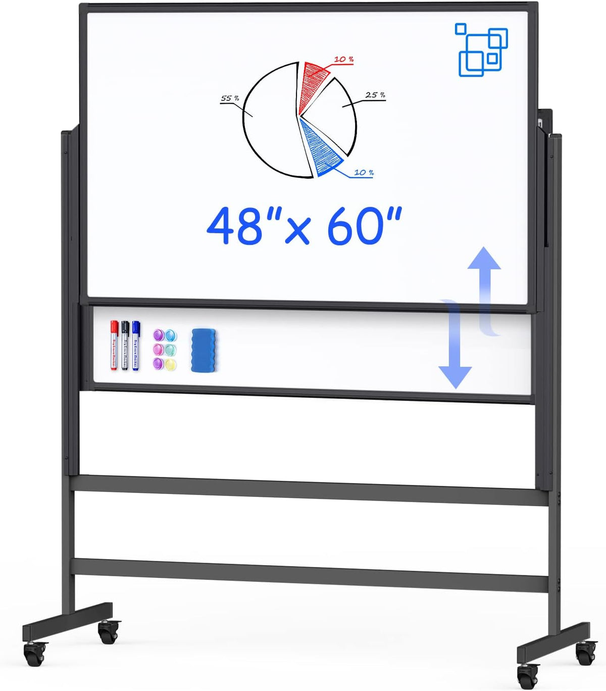 Maxtek Double-Sided Rolling White Board on Wheels 48x60, Height Adjustable