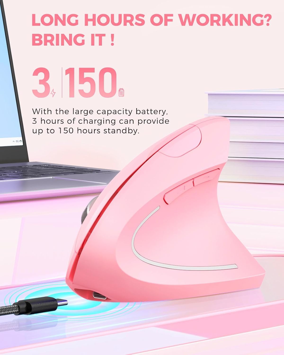 Lekvey Ergonomic Mouse, Rechargeable Vertical Wireless Mouse, Pink